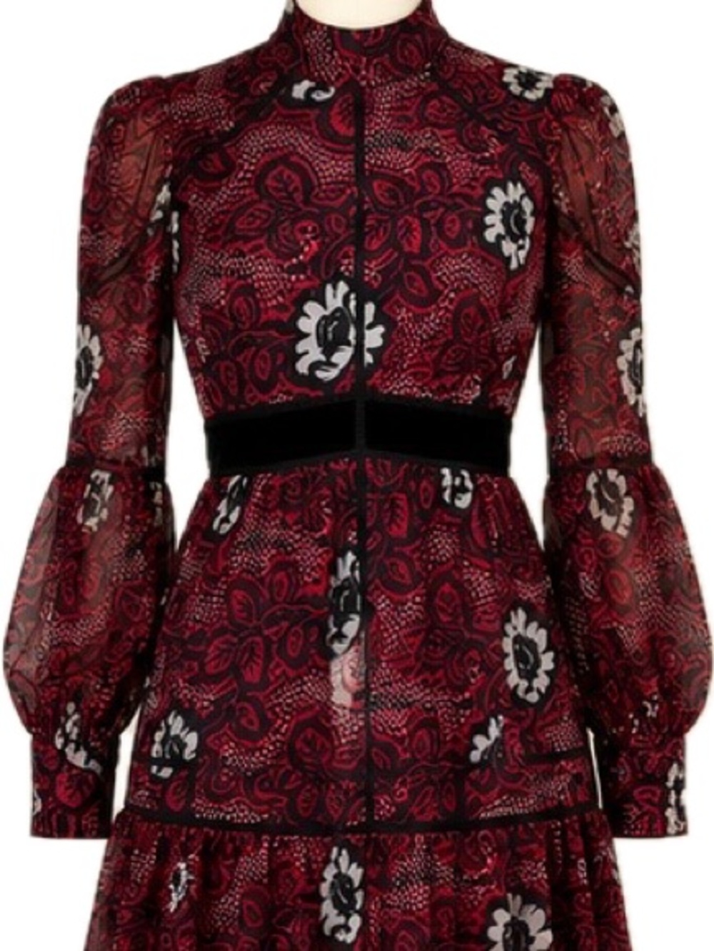 Ted Baker London Burgundy and Black Floral-Print Long Sleeve Midi Dress